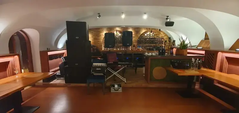 Sistem de sunet profesional instalat într-o cramă sau restaurant pentru muzică live